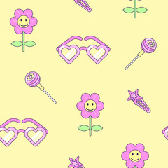 Seamless pattern with vintage flower and heart shaped sunglasses in style of 90s. Multicolored elements on yellow background. Retro illustration with outline in 90s style. Vector illustration.