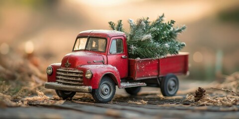 Truck With Christmas Tree. Retro Toy Delivery Auto Loaded for Festive Drive