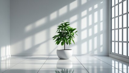 Minimalist Interior with Potted Plant on Glossy White Tiled Floor, Geometric Window Shadows and Natural Light in Serene Space, Generative AI