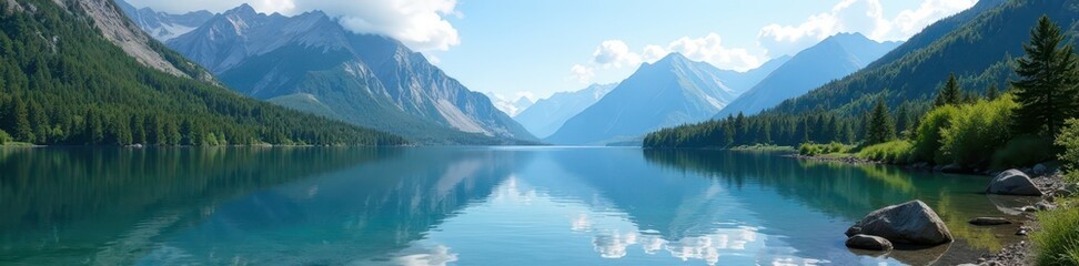 Obraz premium Serene mountain lake, clear water reflects peaks, calm, water