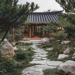 Fototapeta premium A Stone Path Leads to a Traditional Korean Structure