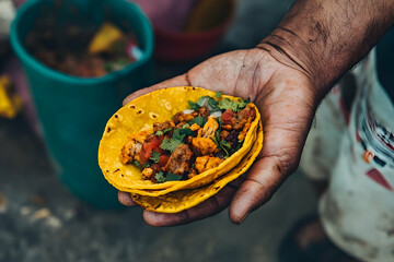 Authentic street tacos held in a weathered hand, capturing the essence of Mexican culinary tradition