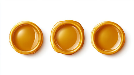 Gold wax seal stamp approval sealing. Quality guarantee blank retro postal label, royal insignia for letter or document isolated on transparent background. Realistic 3d vector illustration, icons set