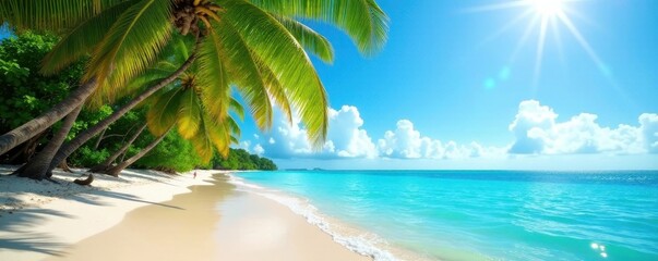 Obraz premium Sun-drenched beach, turquoise water, palm trees, joyful, sand