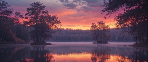 Obraz premium Serene lake reflecting surrounding trees at sunset in a tranquil wilderness setting.