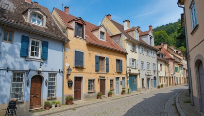 Fototapeta premium A quaint European village with pastel-colored houses and cobblestone streets