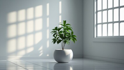 Minimalist Interior with Potted Plant on Glossy White Tiled Floor, Geometric Window Shadows and Natural Light in Serene Space, Generative AI