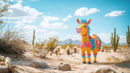 Fototapeta premium Mexican pinata donkey amigo at desert landscape with cacti, sand and rocks. Viva Mexico or cinco de mayo party, traditional Latin holiday or fiesta celebration symbols, Cartoon vector illustration
