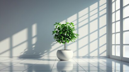 Minimalist Interior with Potted Plant on Glossy White Tiled Floor, Geometric Window Shadows and Natural Light in Serene Space, Generative AI
