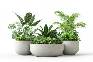 A monochromatic 3D illustration of concrete planters with lush green foliage, isolated on a simple white background.