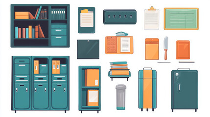 School hallway furniture set isolated on white background. Vector cartoon illustration of metal lockers with books and folders on shelves, water cooler, announcement board, waste bin, exit wall sign