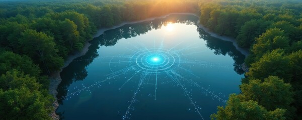 Aerial view of forest lake features digital network overlay. Tech integrates with nature creating serene, tranquil scenic ecosystem. Modern concept shows harmony, connection, data visualisation of