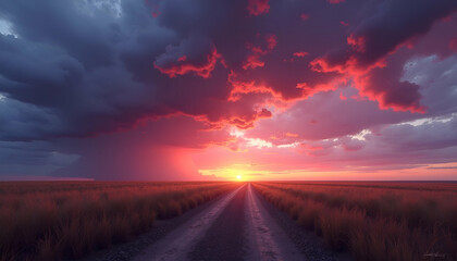 Sunset over a road with dark clouds and vibrant sky colors.