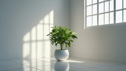 Minimalist Interior with Potted Plant on Glossy White Tiled Floor, Geometric Window Shadows and Natural Light in Serene Space, Generative AI