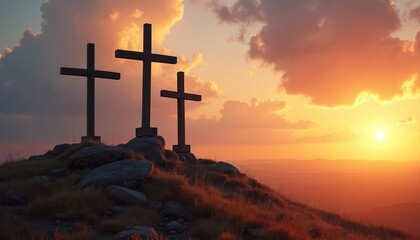 Three dark crosses stand on hill under sunset sky. Religious Easter concept shows Crucifixion of Jesus Christ. Symbol of faith, salvation, redemption, sacrifice, hope and love.