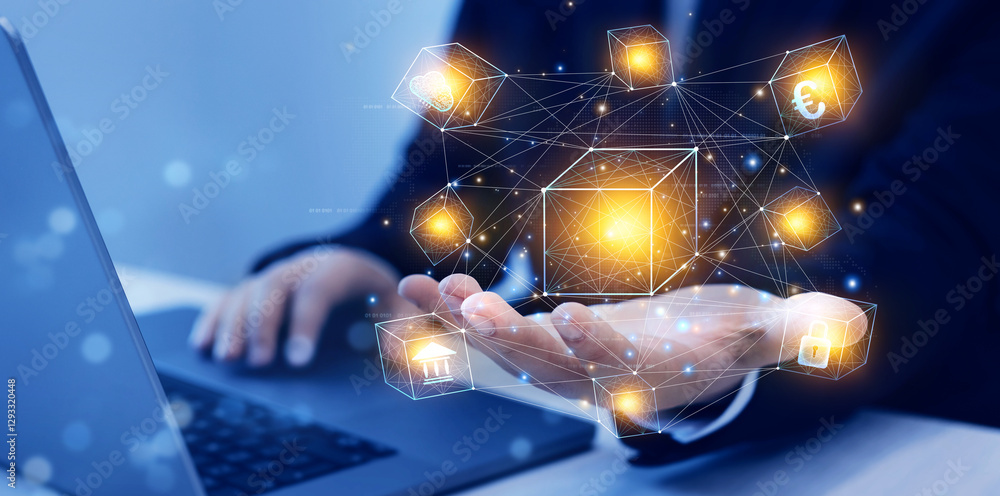 Poster blockchain technology.blockchain technology transactions and digital currency.businessman touching f
