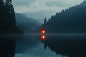 Glowing Cube on Misty Lake at Dusk