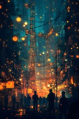 Obraz premium The towering tower crane and busy workers under the blue sky