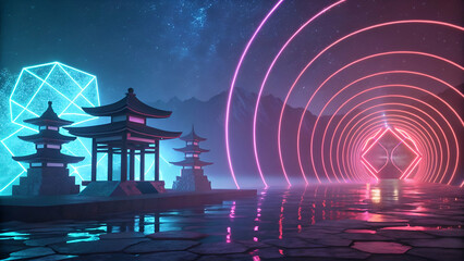 A 3D-rendered abstract futuristic background.