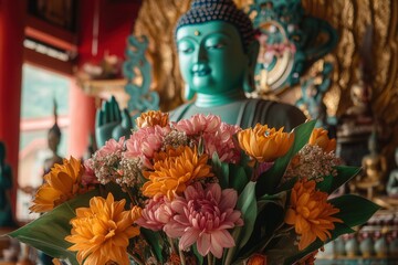 Fototapeta premium Colorful Flower Bouquet Before Teal Green Statue In Temple Setting