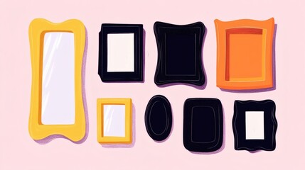 Colorful collection of decorative frames arranged on a pastel background for artistic wall display