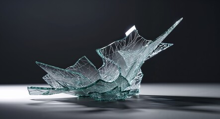 shattered glass abstract art with sharp edges and dramatic lighting on black background.