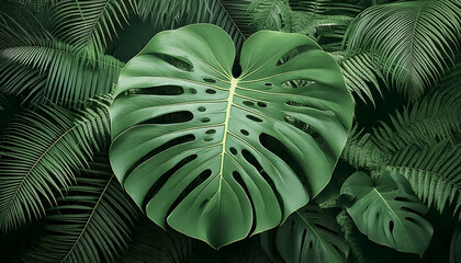 Ultra Green Jungle Background Nature Image with a large fern leaf, monstera and tropical rain forest; summer leaves in trendy color