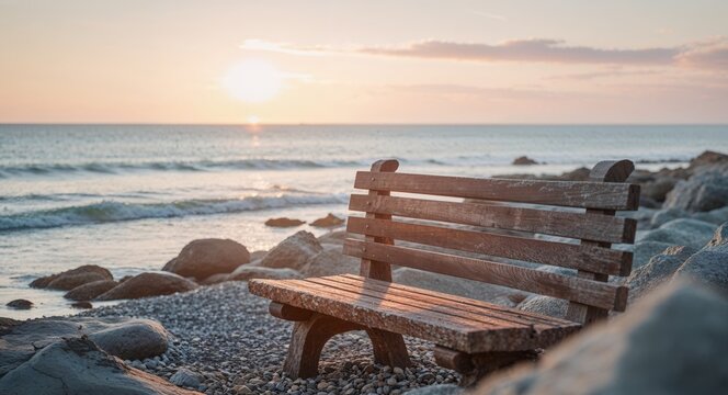 Sunset casting warm hues over a wooden bench along a rocky coastline in peaceful solitude.