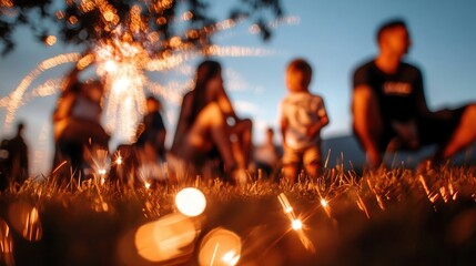 Family gathering with fireworks and sparklers in summer.