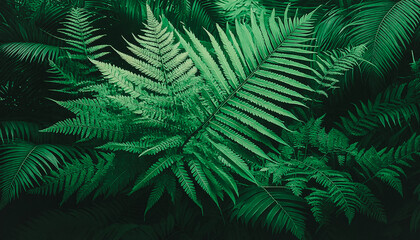 Ultra Green Jungle Background Nature Image with a large fern leaf, small plants and lush foliage; abstraction beautiful backdrop for design
