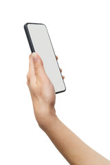 smartphone in hand with blank screen on white background