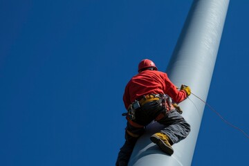 Technician Climbing Wind Turbine Tower Against Blue Sky