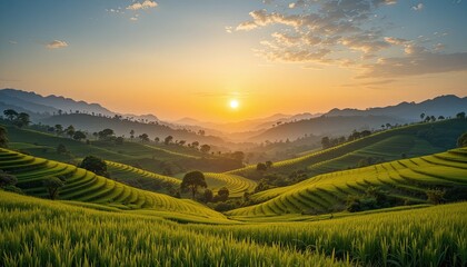 Naklejka premium A view of verdant rice terraces with a golden sunset in the distance