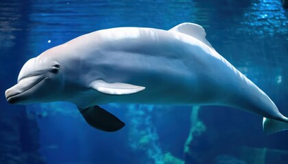 Obraz premium Enchanting Encounter with a Beluga Whale in an Aquarium, Winters Chill Casting a Mystical Glow as it Frolics beneath the Blue Lights.
