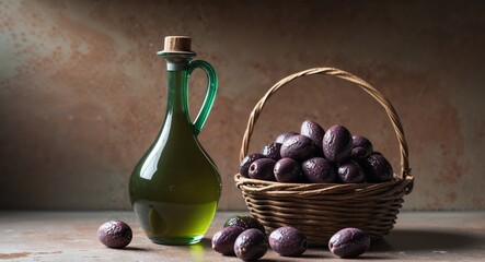 Olive Oil Bottle and Olives on Kitchen Counter.