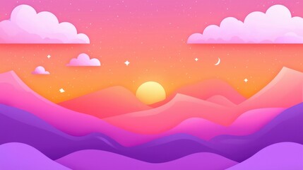 Pink and Purple Mountain Sunset with Clouds and Stars