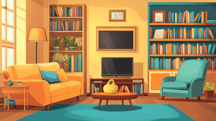 Living room interior set with sofa, pear chair, bookshelves and tv. Vector cartoon furniture collection for house, modern decor, floor lamp and rear view of couch isolated on white background