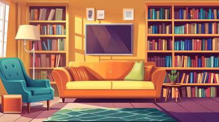 Living room interior set with sofa, pear chair, bookshelves and tv. Vector cartoon furniture collection for house, modern decor, floor lamp and rear view of couch isolated on white background