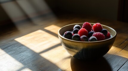 Fresh Raspberries and Blueberries in Bowl on Wooden Table