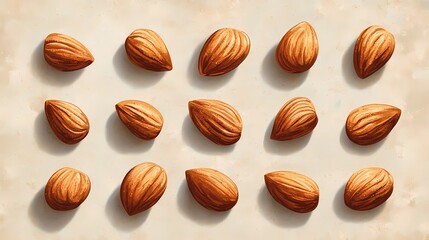 A handful of raw almonds spilling onto a clean, minimalistic surface, ideal for natural food design and wellness promotions, book illustration style