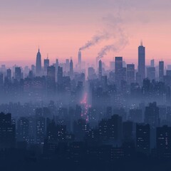 Fototapeta premium Abstract Cityscape at Dusk with Hazy Skyline and Smoky Atmosphere