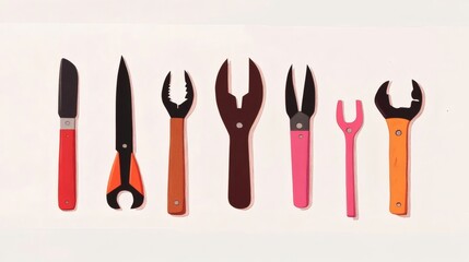 Various hand tools arranged neatly on a white background showcasing their distinct shapes and colors