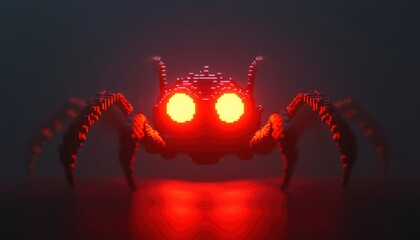 Pixelated spider with glowing eyes in dark setting