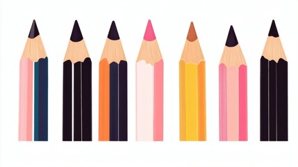 Colorful pencils arranged in a row showcasing vibrant hues and different tips on a light background