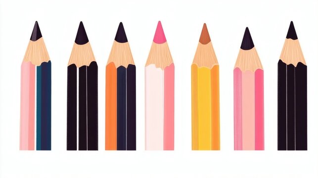 Colorful pencils arranged in a row showcasing vibrant hues and different tips on a light background