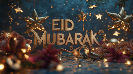 Elegant Golden Eid Mubarak Text 3D Render Festive Sparkling Stars Night Holiday Greeting Card Design Luxurious Floral Decorations Deep Blue Background Rich Detailed Texture Art Islam Shiny Event Party