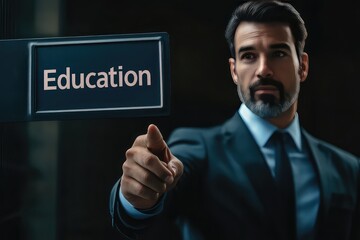 A motivational business setting where an executive points to an "Education" sign, inspiring continuous learning and growth.