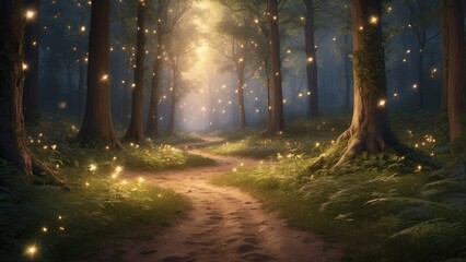Fototapeta premium 1. **A Forest Clearing Illuminated by Enchanting Fireflies, Their Bioluminescent Glow Casting an Otherworldly Ambiance**