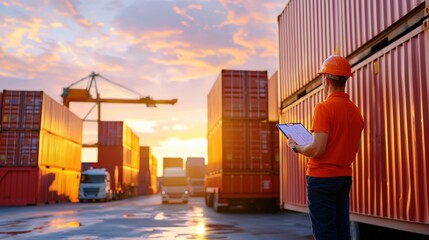 A worker inspects shipping containers at sunset, showcasing a busy logistics hub with cranes and trucks in the background.cargo management warehouse scheduling
