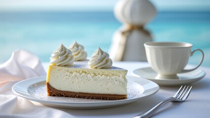 A slice of decadent cheesecake with whipped cream and a cup of tea by the ocean offers a moment of seaside indulgence.
